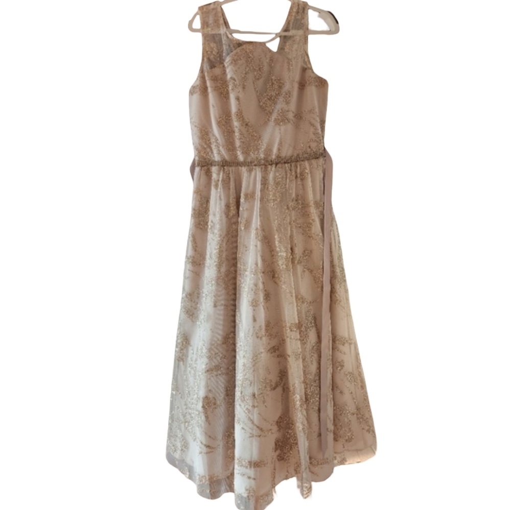 TWEEN DIVA Formal Dress in Champagne and Gold Glitter Tulle Sz 14 EUC Sleeveless